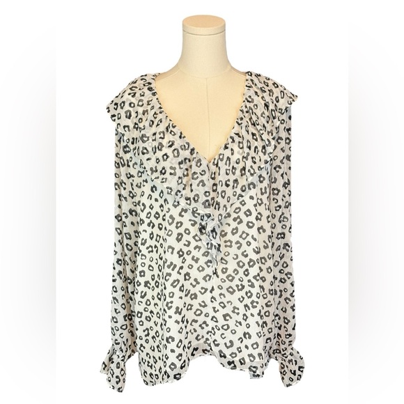 NWT Loft White &‎ Black Blouse w/ Ruffle Neckline & Sheer Sleeves (Size XL) - Picture 1 of 3
